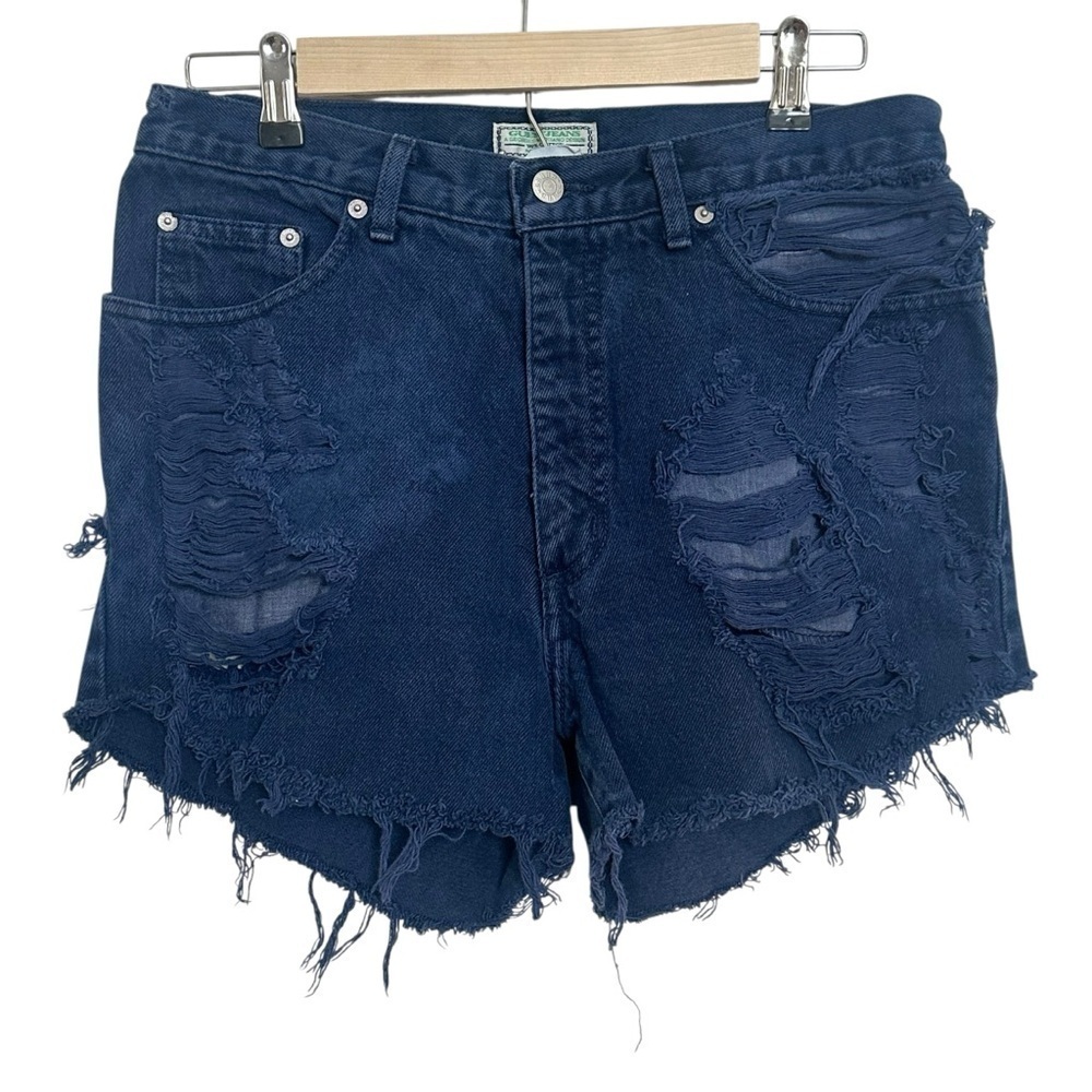 Vintage GUESS Blue High Rise Raw Hem Jean Shorts Size 33 Made in USA 100% Cotton